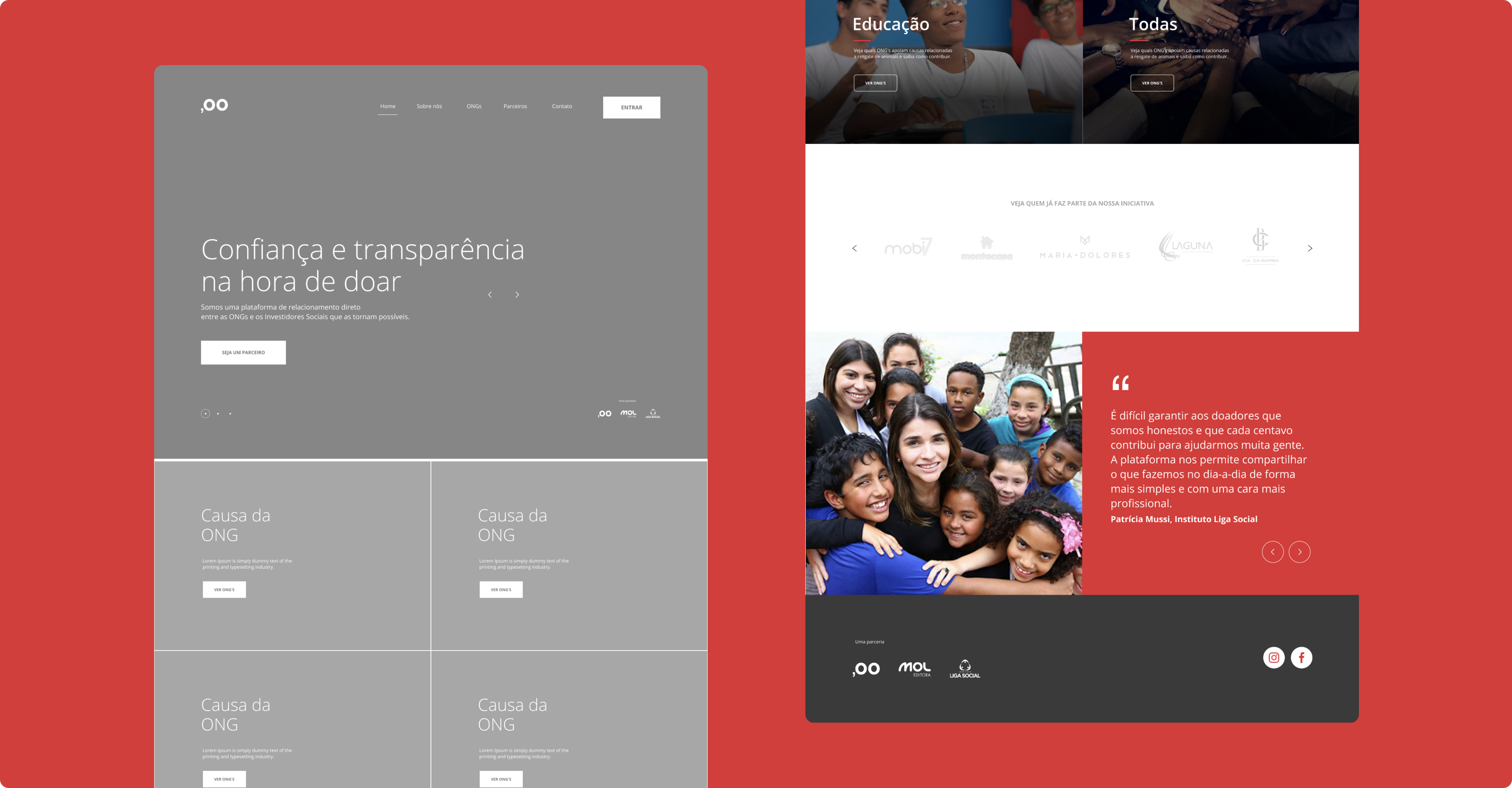 Telas da plataforma da Liga Social: página inicial em wireframe, página de ONGs, depoimento e rodapé