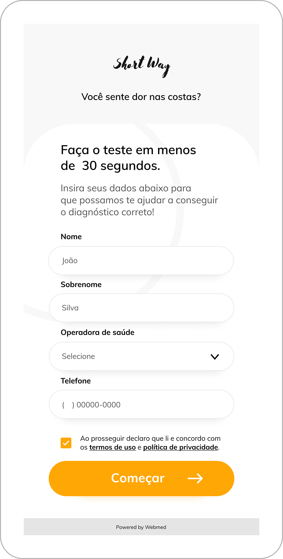 Tela de cadastro com nome, sobrenome, operadora e telefone