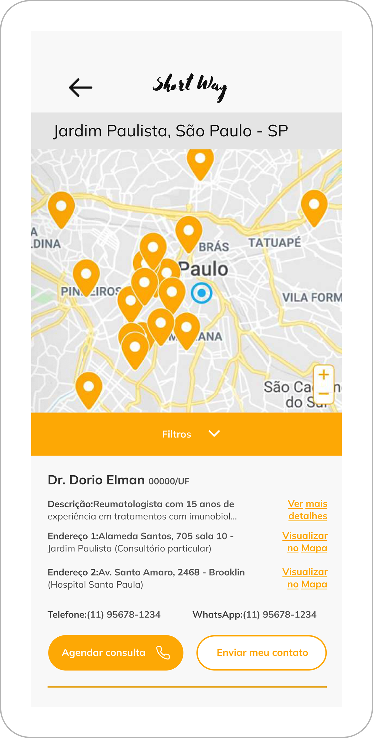 Mapa com os reumatologistas próximos e dados do médico