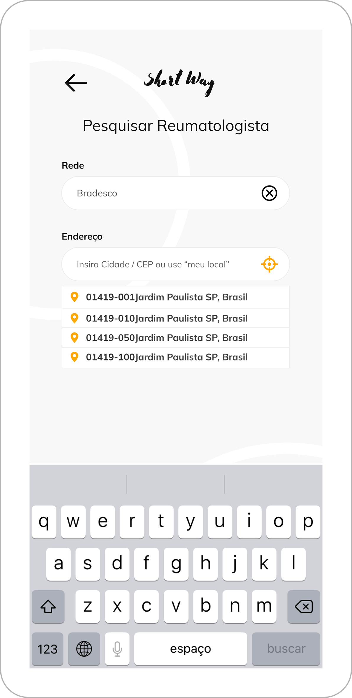 Busca com sugestões de endereço e teclado aberto