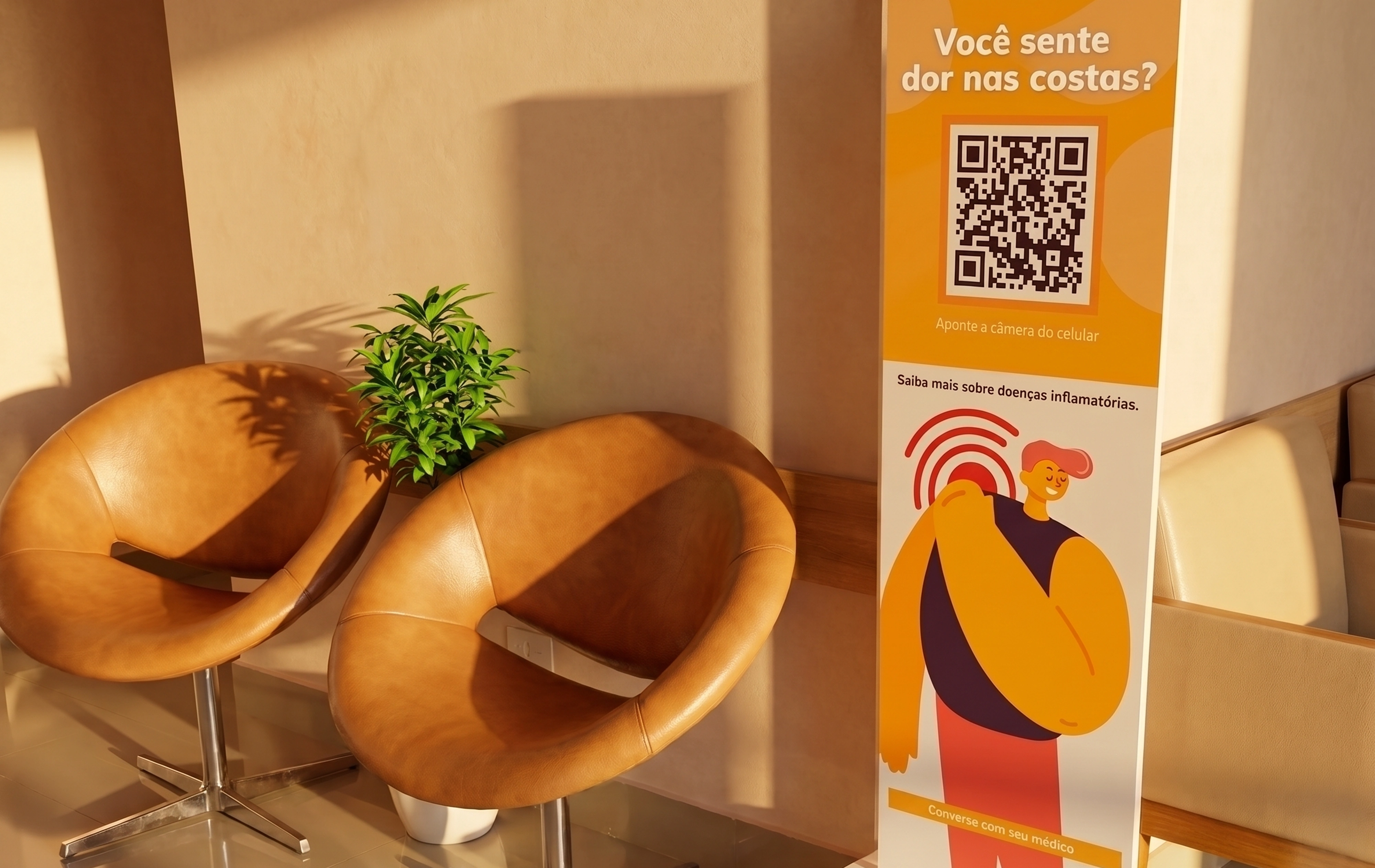 Totem com QR code instalado em uma sala de espera