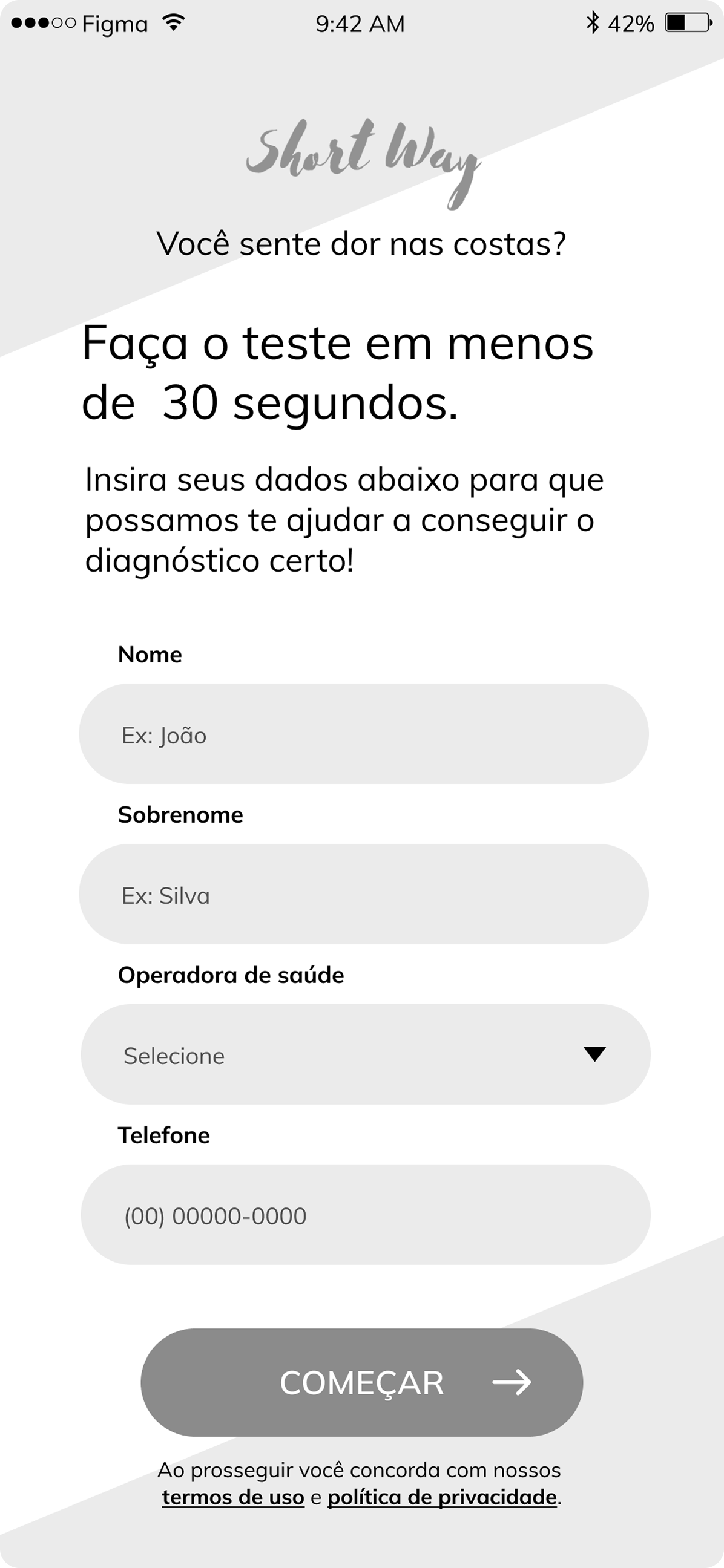 Wireframe do formulário de cadastro