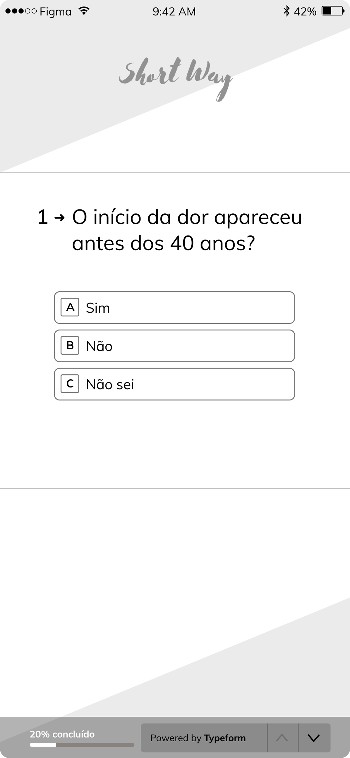 Wireframe da primeira pergunta do teste
